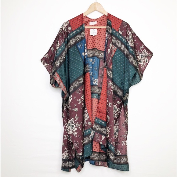 Free People New Mon Cherry boho satin patchwork kimono - Picture 7 of 12